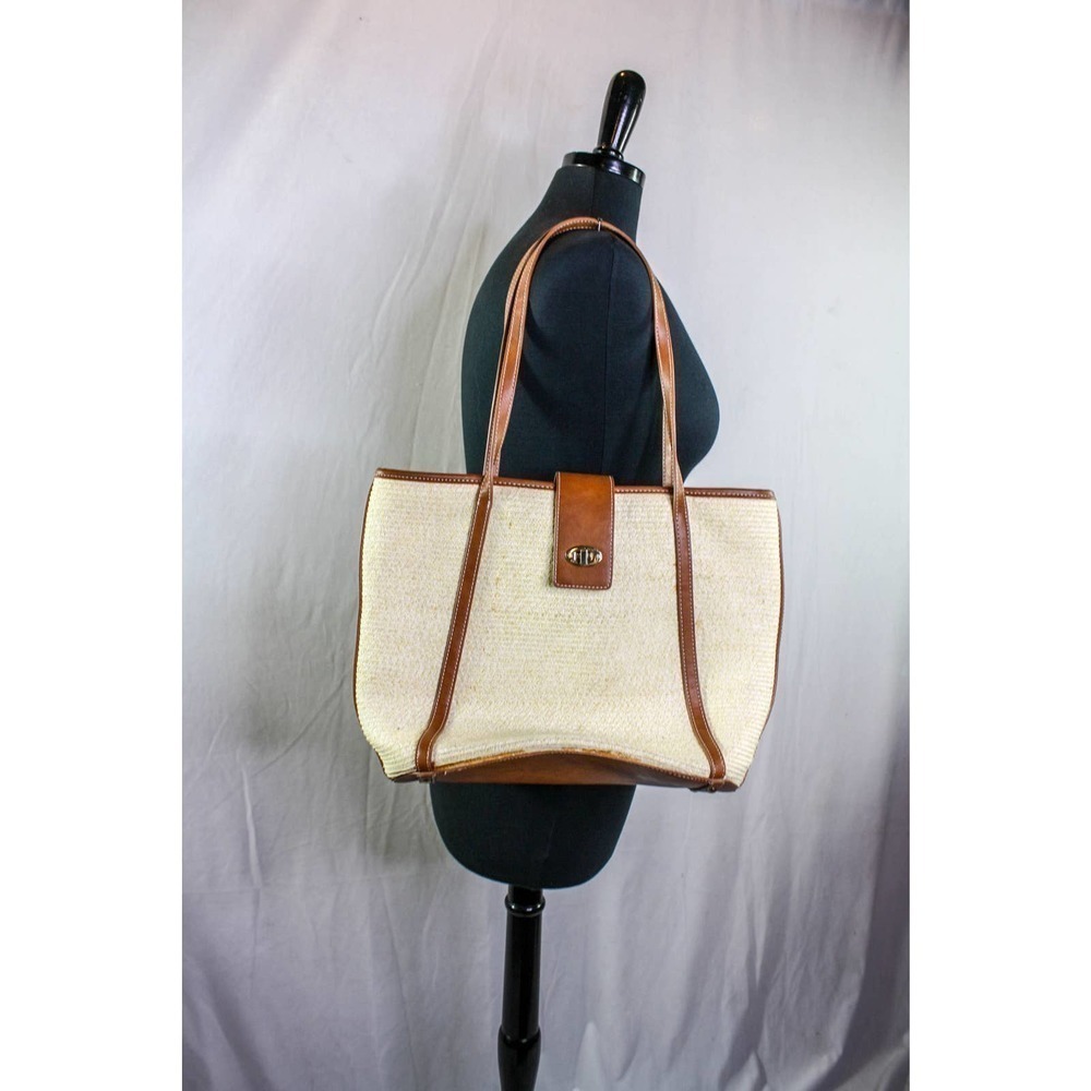 Talbots Straw Shoulder Bag Purse Tote Faux Leather Trim Tan Brown